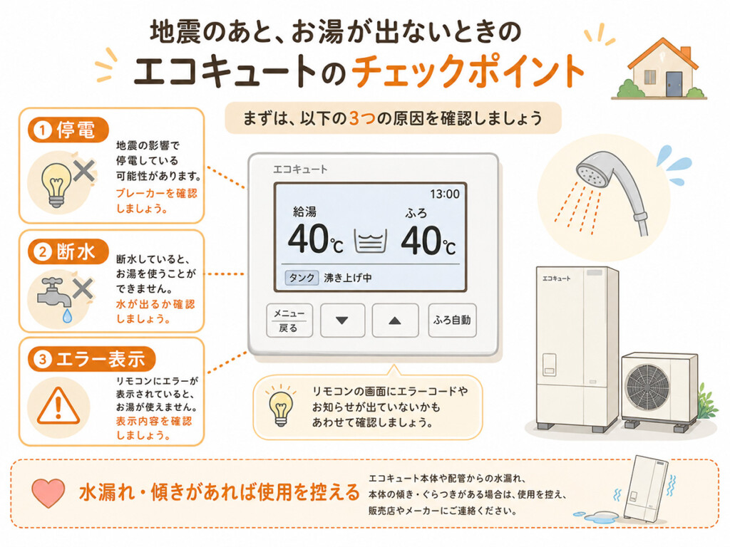 地震後にエコキュートのお湯が出ない時の停電や断水やエラー確認の図解