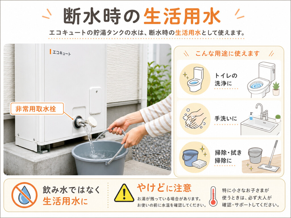 断水時にエコキュートの非常用取水栓から生活用水を取り出す図解
