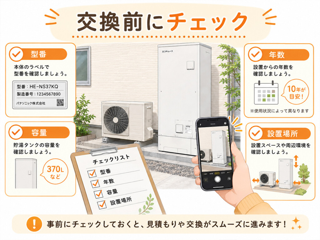 エコキュート交換前に型番や年数や設置場所を確認する図解
