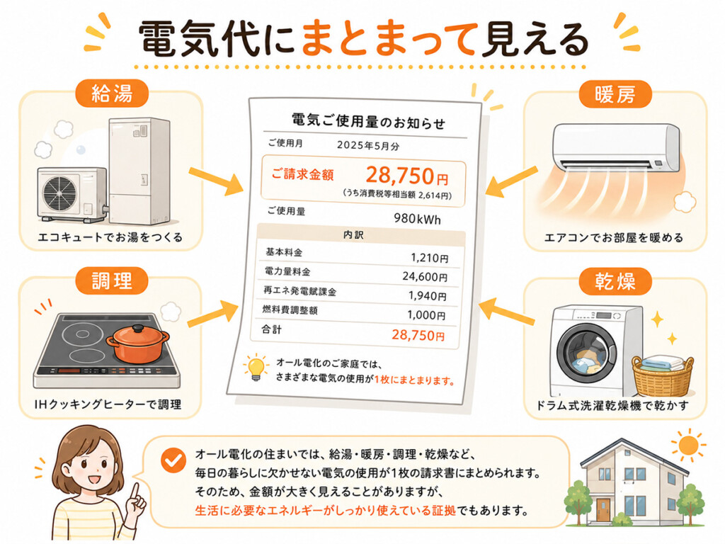 オール電化で電気代が高く見える理由を説明する図解