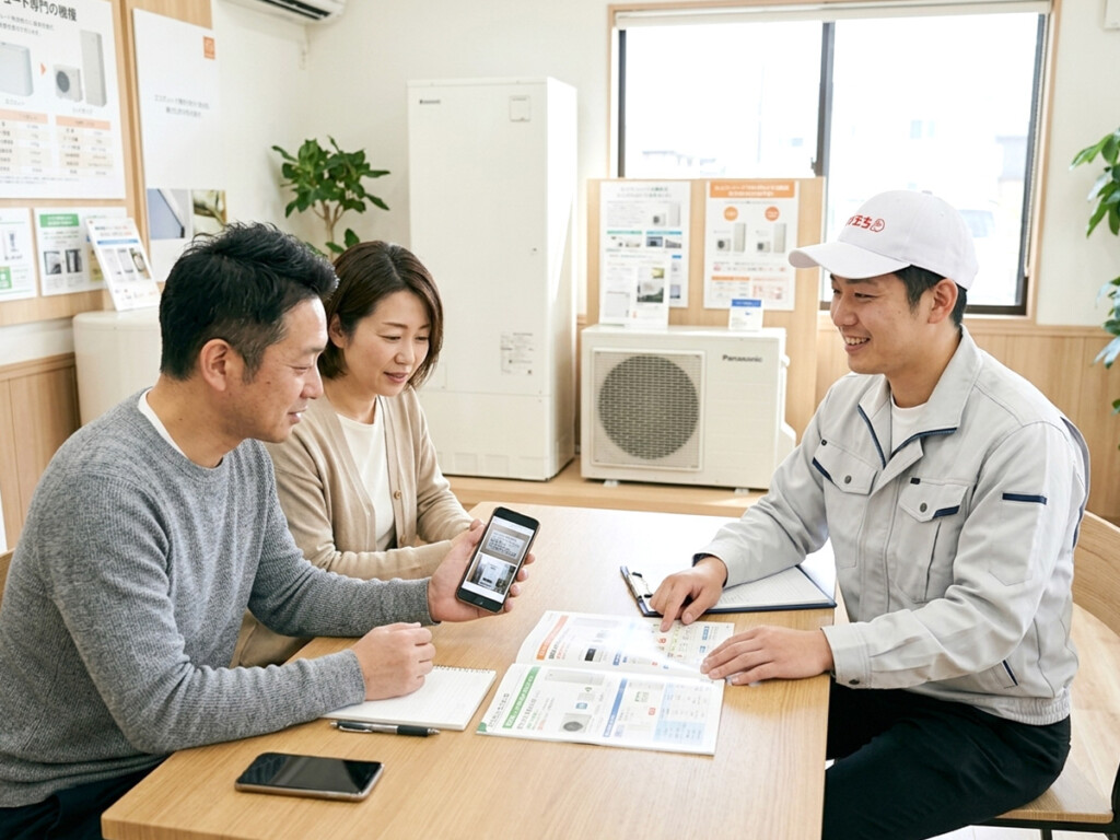 チカラもち甲府店でエコキュート交換についてスタッフに相談している様子