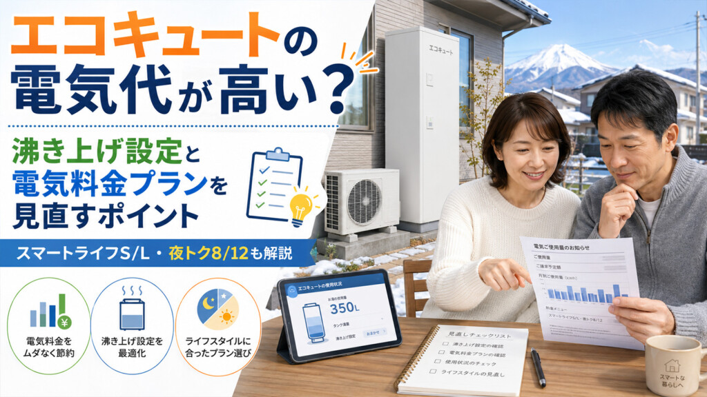 エコキュートの電気代と料金プランの見直しをイメージしたアイキャッチ