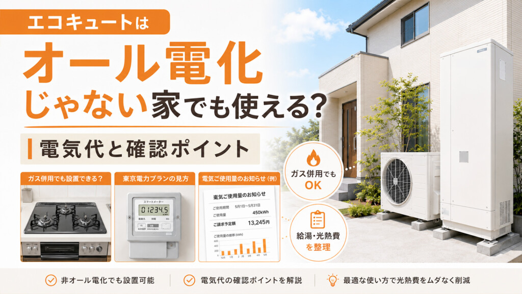 エコキュートを設置した住宅とガスコンロ、電気料金明細で電気代の確認ポイントを示すアイキャッチ