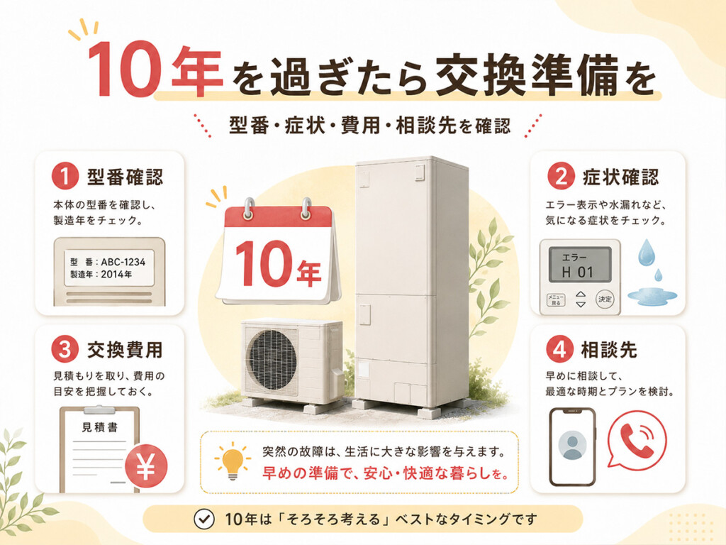 エコキュートは10年を過ぎたら型番や症状、交換費用を確認する時期であることを示す図解