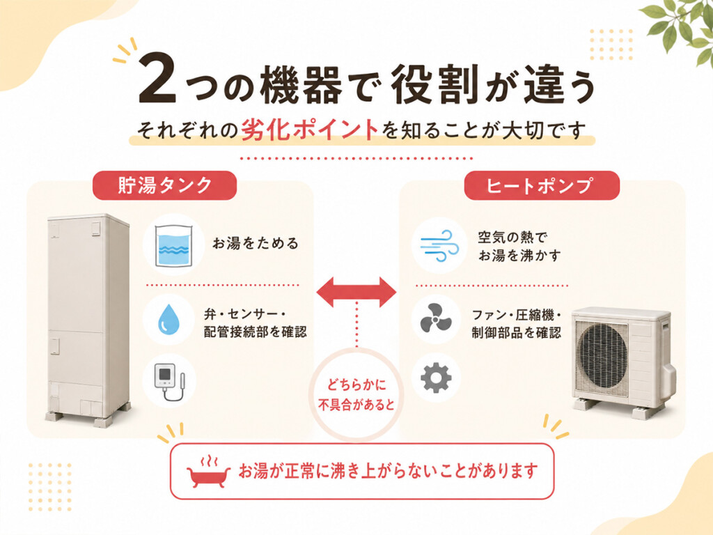 エコキュートの貯湯タンクとヒートポンプユニットの役割と劣化ポイントを示す図解