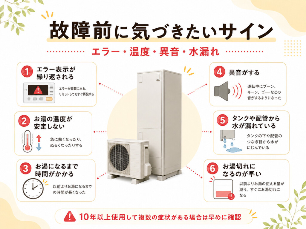 エラー表示・温度不安定・異音・水漏れなどエコキュート故障前のサインを示す図解