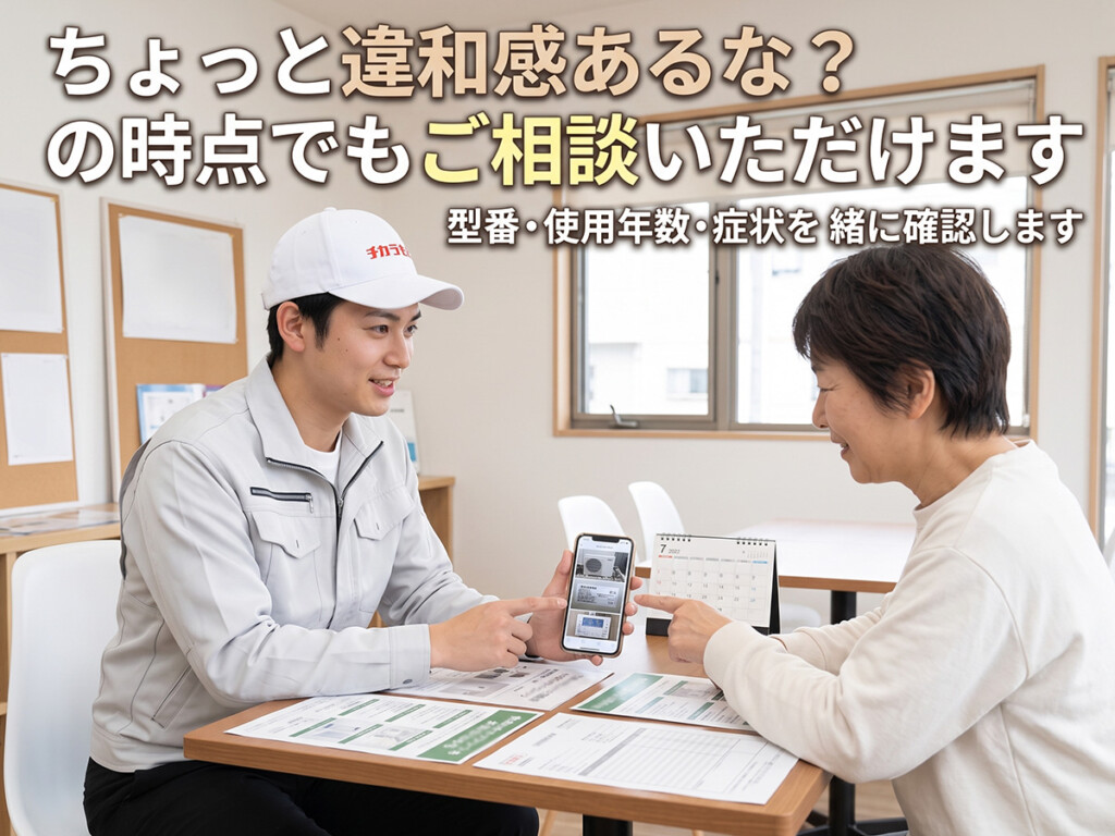 チカラもち甲府店のスタッフがお客様とエコキュートの寿命と交換時期について相談している様子