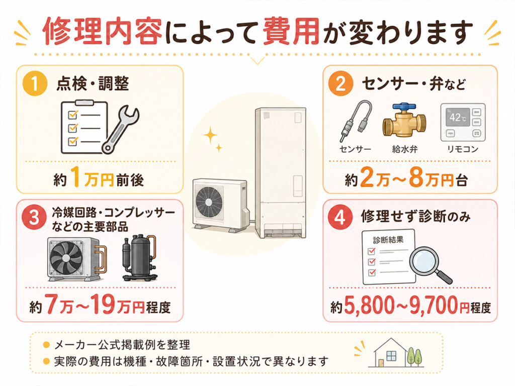 エコキュートの修理費用が点検・一般部品・主要部品によって変わることを示す図解