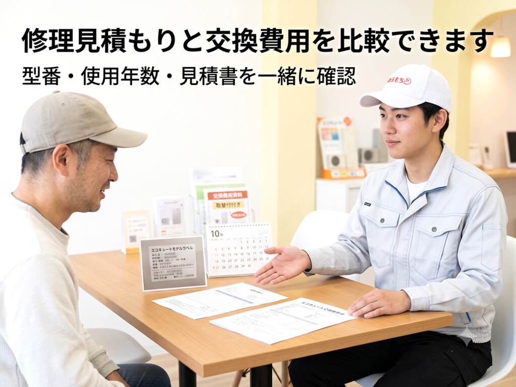 チカラもち甲府店のスタッフがお客様と修理見積もりやエコキュート交換費用を比較している様子