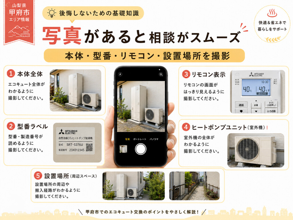 エコキュート交換相談前に撮影したい本体全体・型番シール・リモコン・ヒートポンプ・設置場所の図解