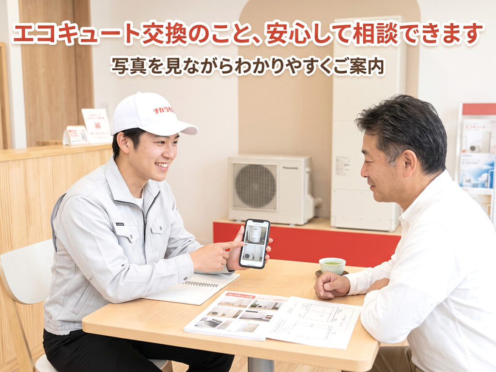 チカラもち甲府店のスタッフがお客様とエコキュート交換について写真を見ながら相談している様子