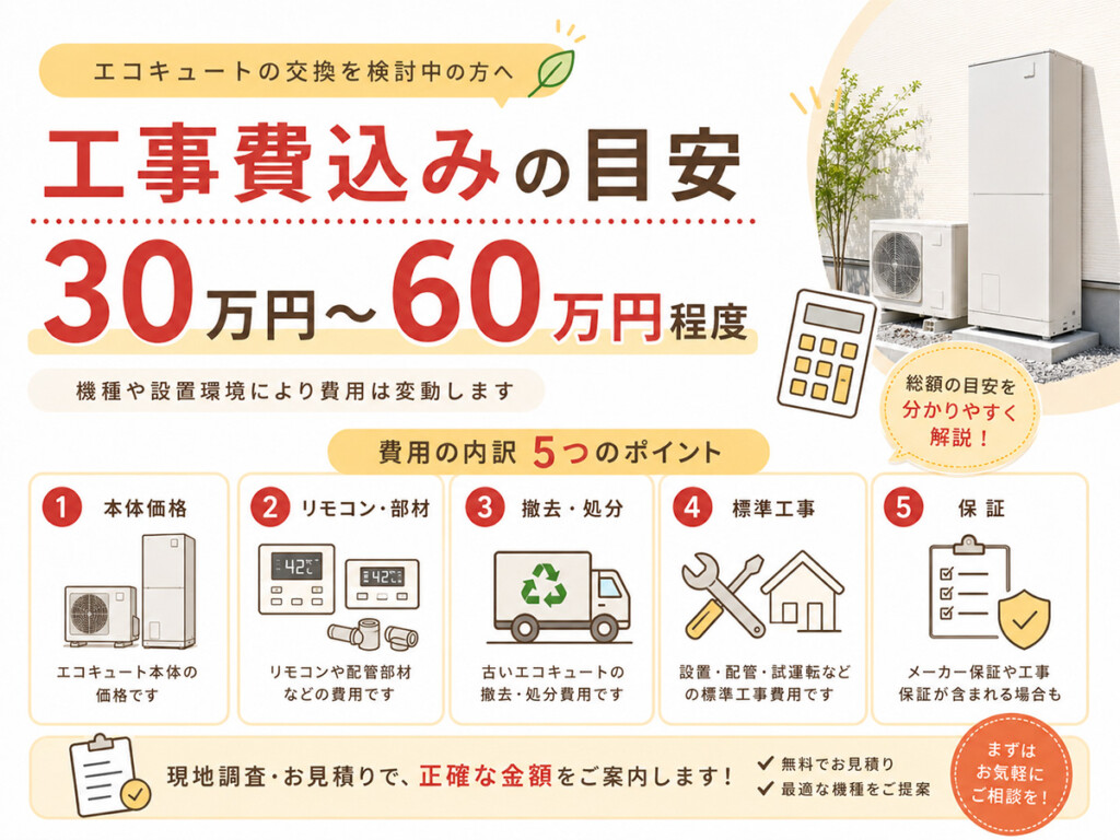 エコキュート交換費用の総額目安と本体価格・工事費の内訳を示す図解