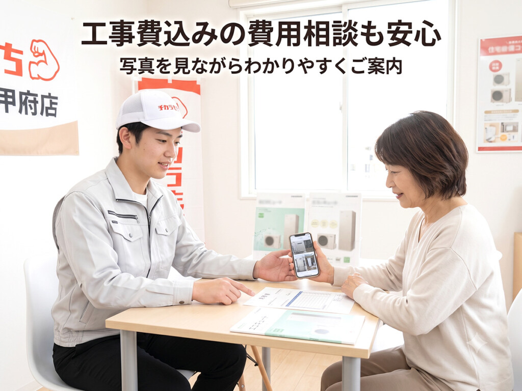 チカラもち甲府店のスタッフがお客様とエコキュート交換費用について相談している様子