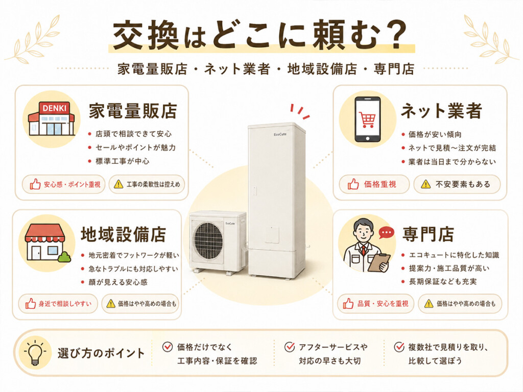 エコキュート交換の依頼先として家電量販店・ネット業者・地域設備店・専門店を比較する図解
