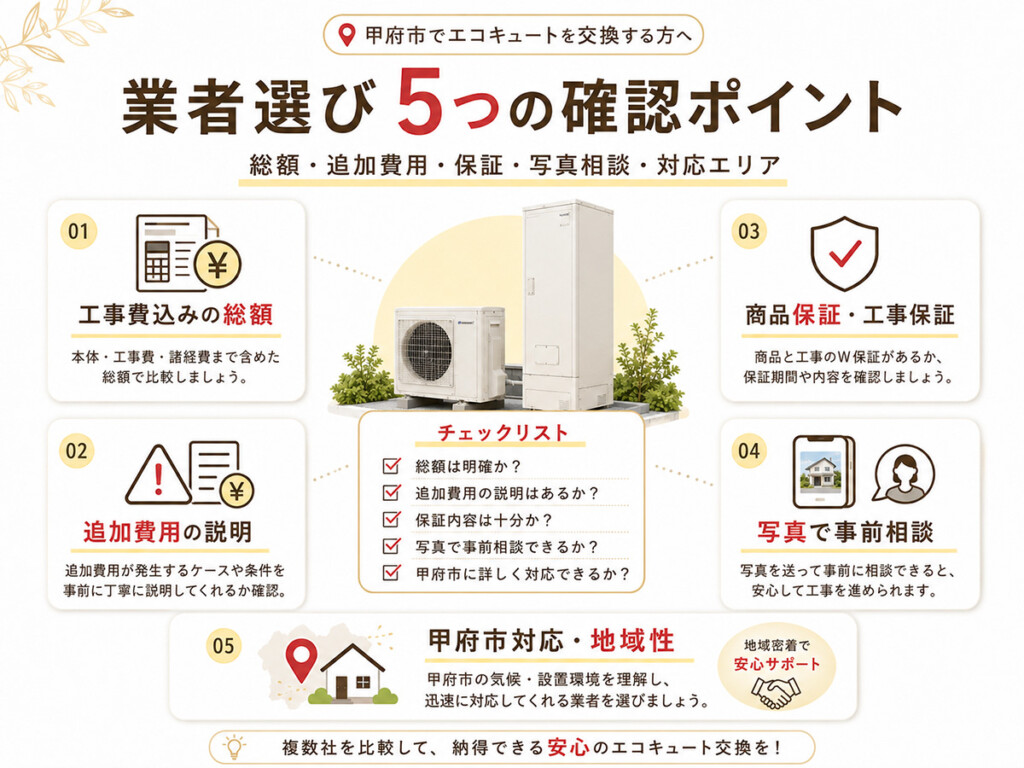 甲府市でエコキュート交換業者を選ぶ時に確認したい総額費用・保証・工事内容・写真相談・対応エリアの図解