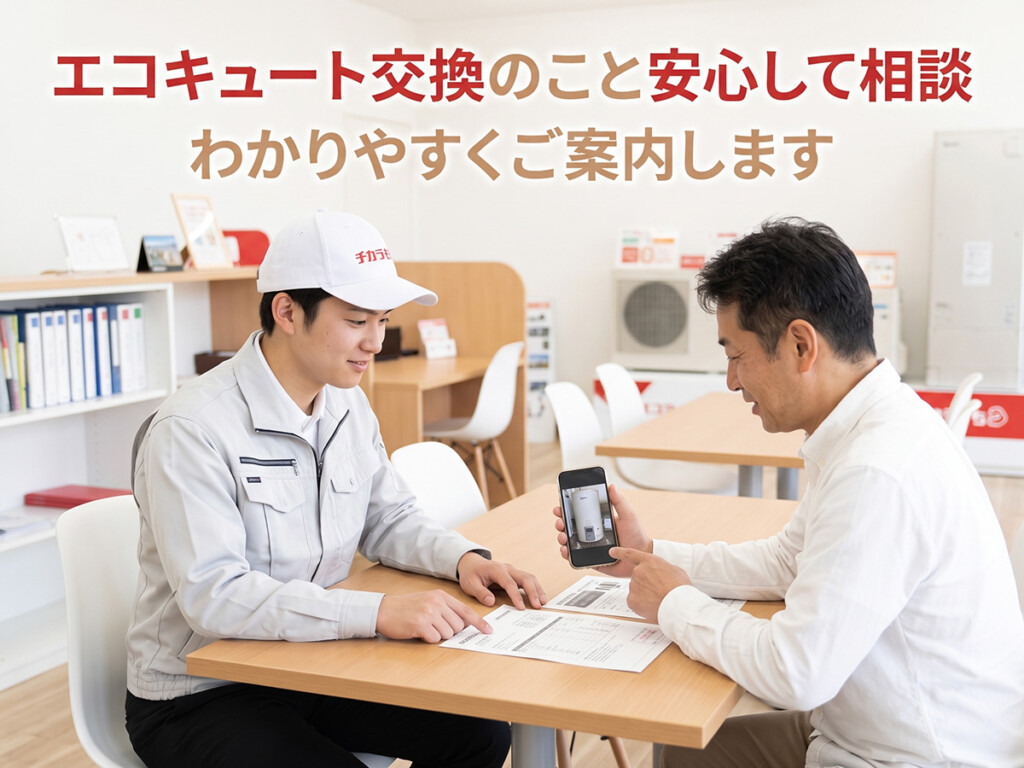 チカラもち甲府店のスタッフがお客様とエコキュート交換業者選びについて相談している様子