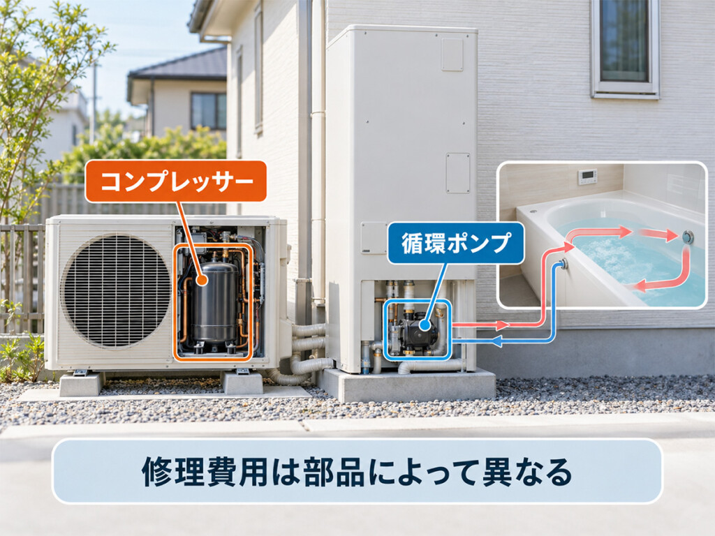 エコキュートのコンプレッサーと循環ポンプの役割と修理費用の違いを示す図解