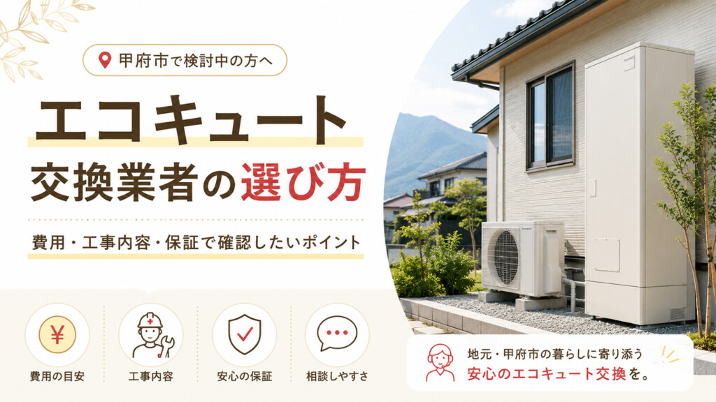 甲府市でエコキュート交換業者を選ぶ時の費用・工事内容・保証の確認ポイントを示すアイキャッチ