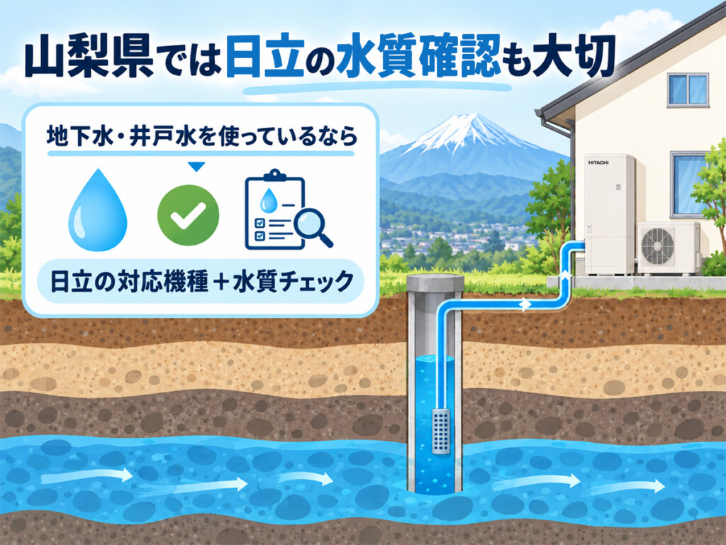 山梨県で地下水や井戸水を使用する場合の日立エコキュートと水質確認のポイントを示す図解