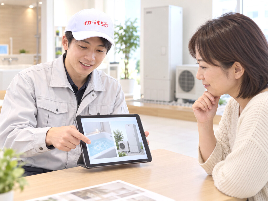 三菱エコキュートのバブルおそうじについてチカラもち甲府店スタッフへ相談している様子