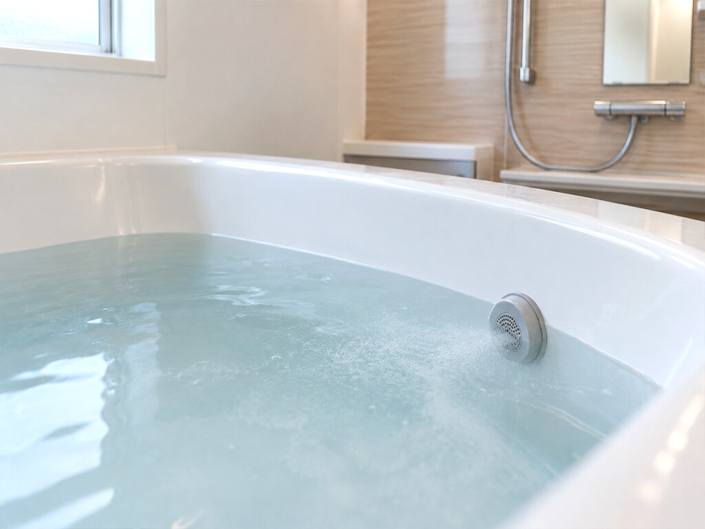 入浴後の排水に合わせて三菱エコキュートのバブルおそうじがふろ配管を洗浄するイメージ
