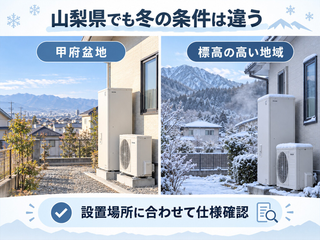 甲府盆地と標高の高い地域など山梨県内の冬の条件差とエコキュートの仕様確認を示す図解