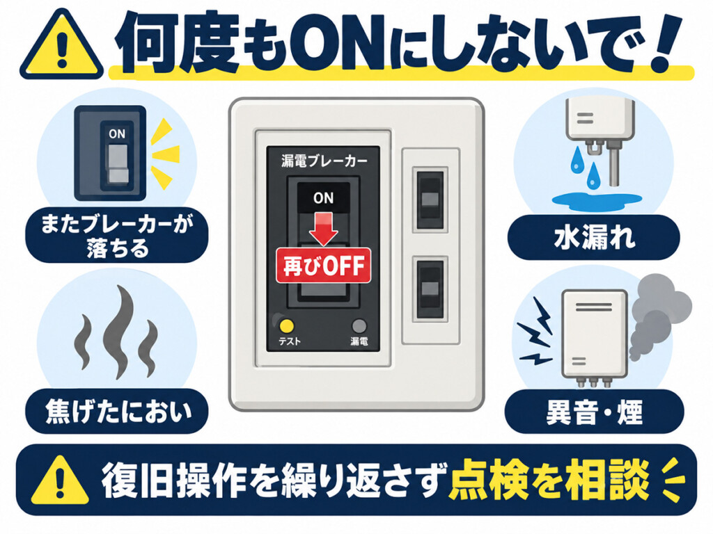エコキュートのブレーカーが再び落ちる・水漏れ・異臭・異音がある場合に操作を繰り返さないための図解
