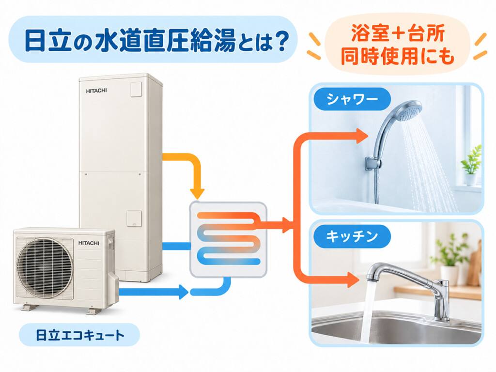 日立エコキュートの水道直圧給湯で浴室と台所へ給湯する仕組みを示す図解