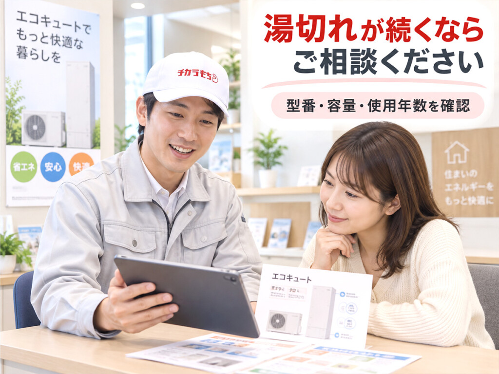 エコキュートの湯切れについてチカラもち甲府店スタッフへ相談しているイメージ画像