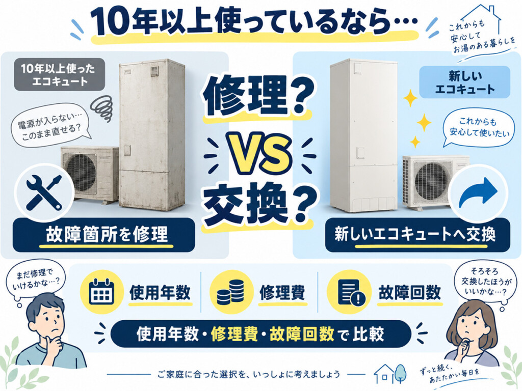 10年以上使用したエコキュートの電源が入らないときに修理と交換を比較する図解