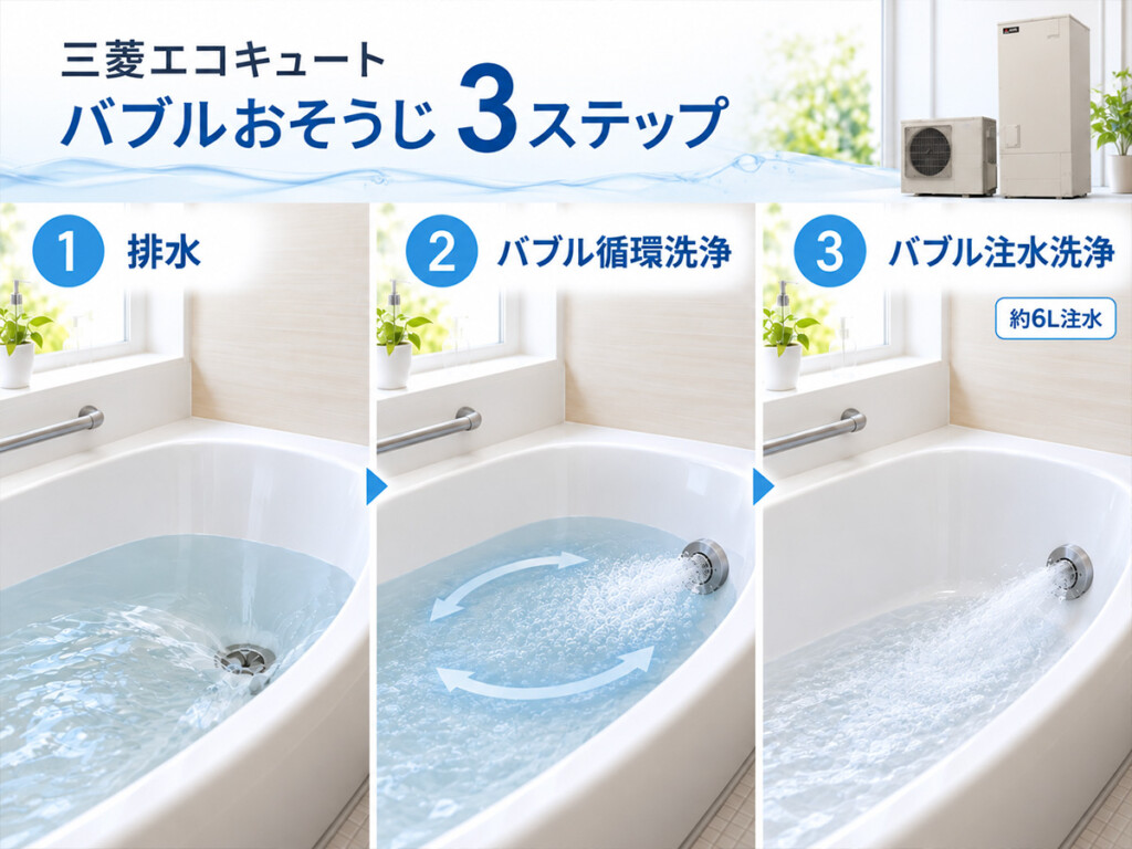 三菱エコキュートのバブルおそうじが排水・循環洗浄・注水洗浄する3ステップ