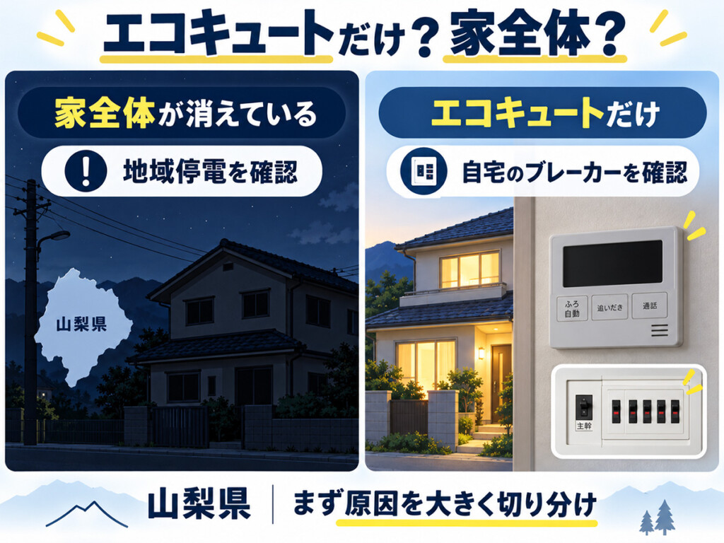 山梨県で家全体の停電かエコキュートだけの電源トラブルかを切り分ける図解