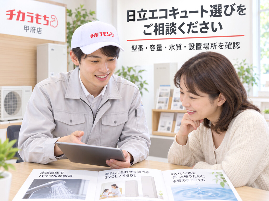 日立エコキュートの機種選びについてチカラもち甲府店スタッフへ相談しているイメージ