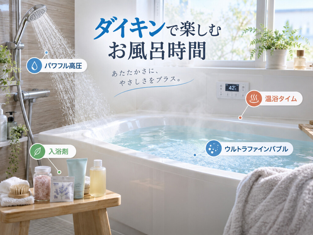 ダイキンエコキュートのパワフル高圧・温浴タイム・入浴剤・ウルトラファインバブルを紹介するイメージ