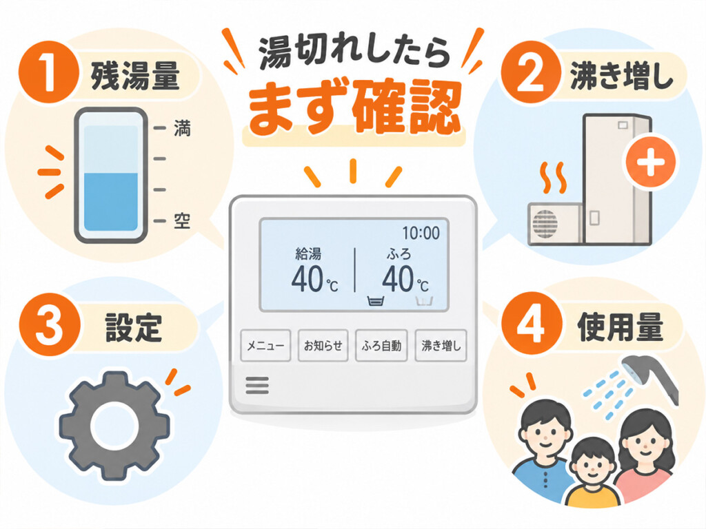 エコキュートが湯切れしたときに残湯量・沸き増し・設定・使用量を順番に確認する図解
