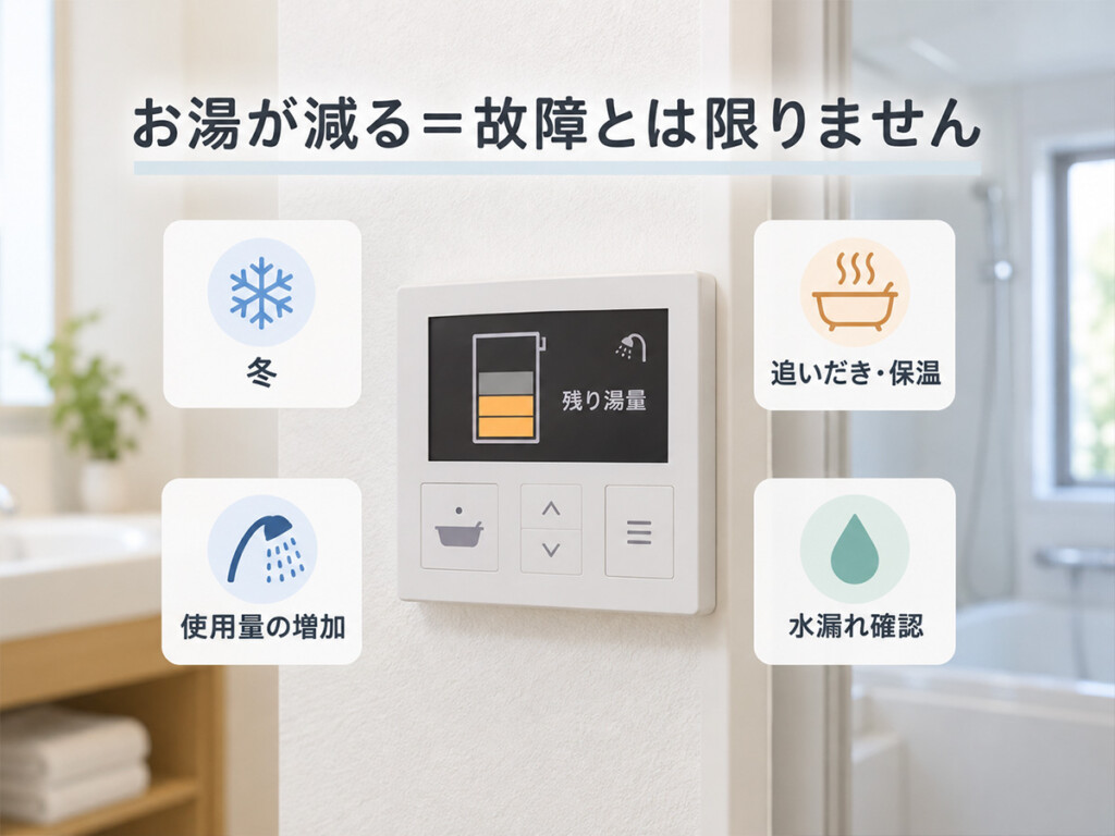 エコキュートの残湯量が減る原因として冬・追いだき保温・使用量増加・水漏れ確認を示した案内画像