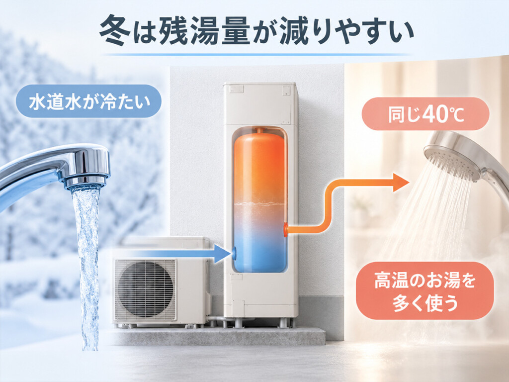 冬は水道水が冷たく同じ温度のお湯を作るため高温のお湯を多く使うことを示した図解
