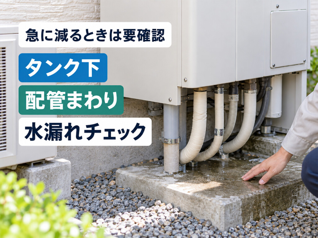 エコキュートのタンク下と配管まわりの水漏れを確認しているイメージ画像