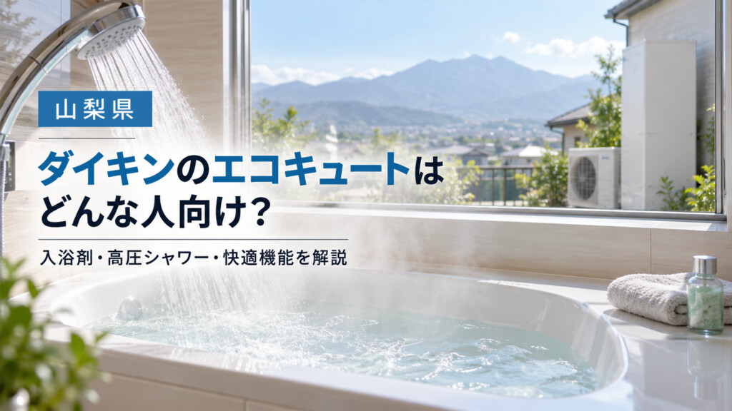 山梨県でダイキンのエコキュートと入浴剤・高圧シャワーなど快適機能を紹介するアイキャッチ
