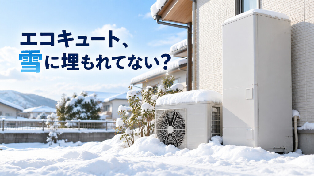 雪が積もった住宅の屋外に設置されたエコキュートと、雪対策を呼びかけるキャッチコピー