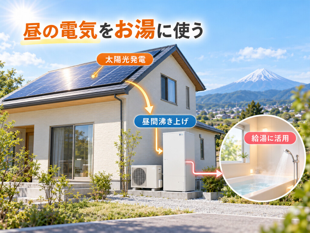 山梨県で太陽光発電の電気を昼間沸き上げで給湯に活用するイメージ画像