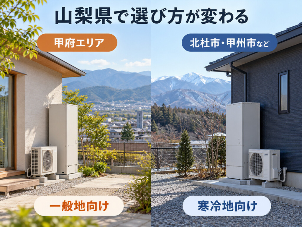 山梨県で甲府エリアと北杜市・甲州市などの寒冷地でエコキュートの選び方が変わることを示す画像
