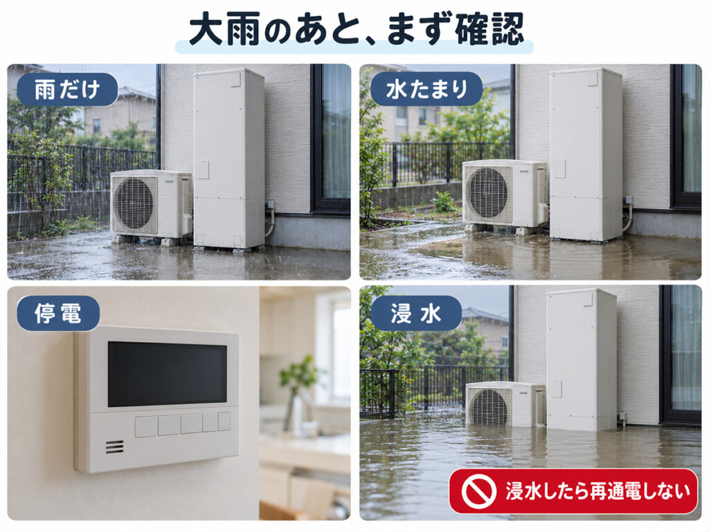 大雨後のエコキュートを雨・水たまり・停電・浸水の状態別に確認する図解