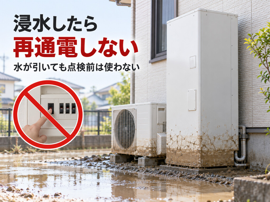 大雨で浸水したエコキュートは再通電せず点検を依頼することを示すイメージ
