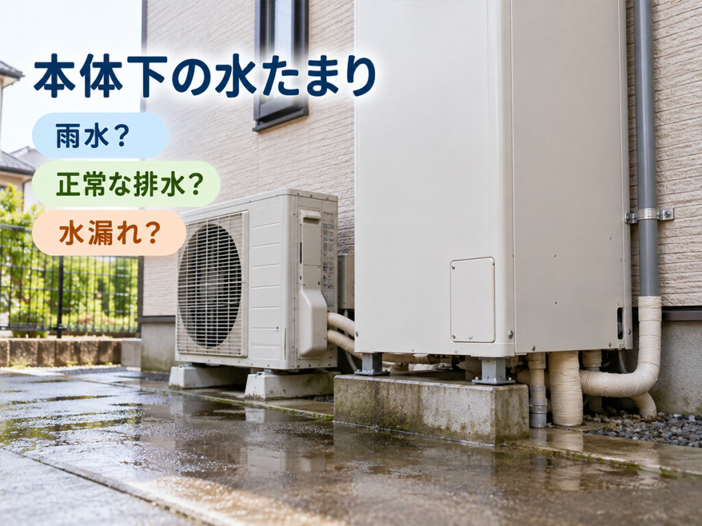 大雨後にエコキュート本体下の水たまりが雨水か水漏れか確認するイメージ