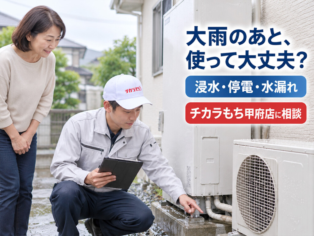 大雨後の住宅で、チカラもち甲府店のスタッフがエコキュートを現地確認し、家の人が安心した表情で見守っている様子