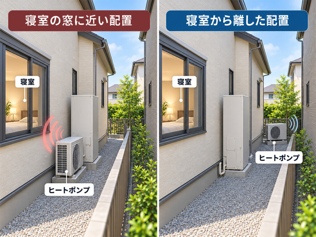 エコキュートのヒートポンプが隣家の寝室に近い配置と離れた配置の比較図