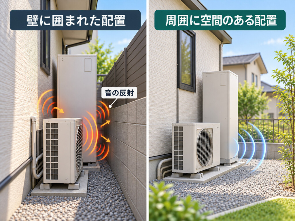 エコキュートのヒートポンプ周囲の壁による音の反射と設置スペースの比較図