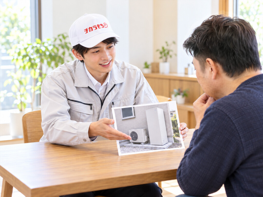 エコキュートの設置場所の写真を見ながら交換工事について相談するスタッフとお客様のイメージ