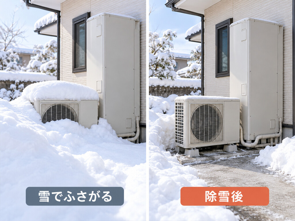ヒートポンプ周囲が雪でふさがれた状態と除雪後の状態を比較した図解